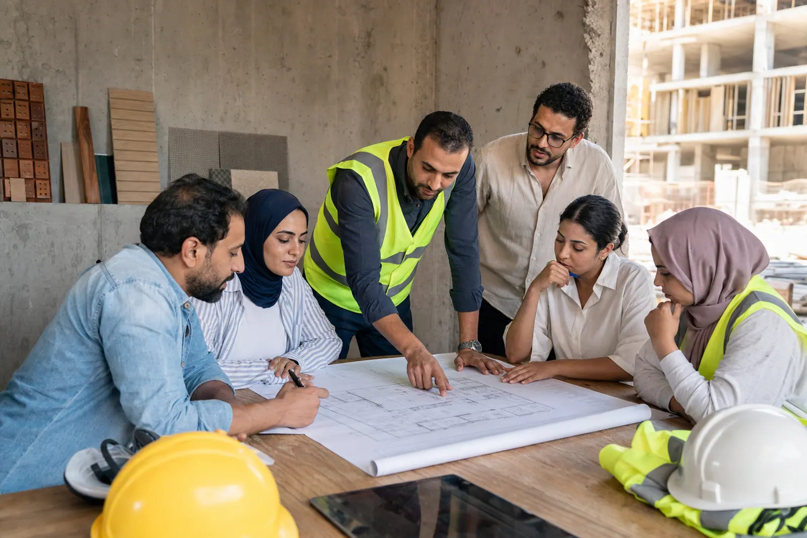 Egyptian engineering and design team reviewing project plans.