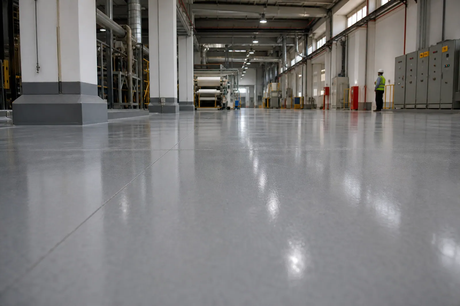 Seamless epoxy flooring inside an industrial facility.