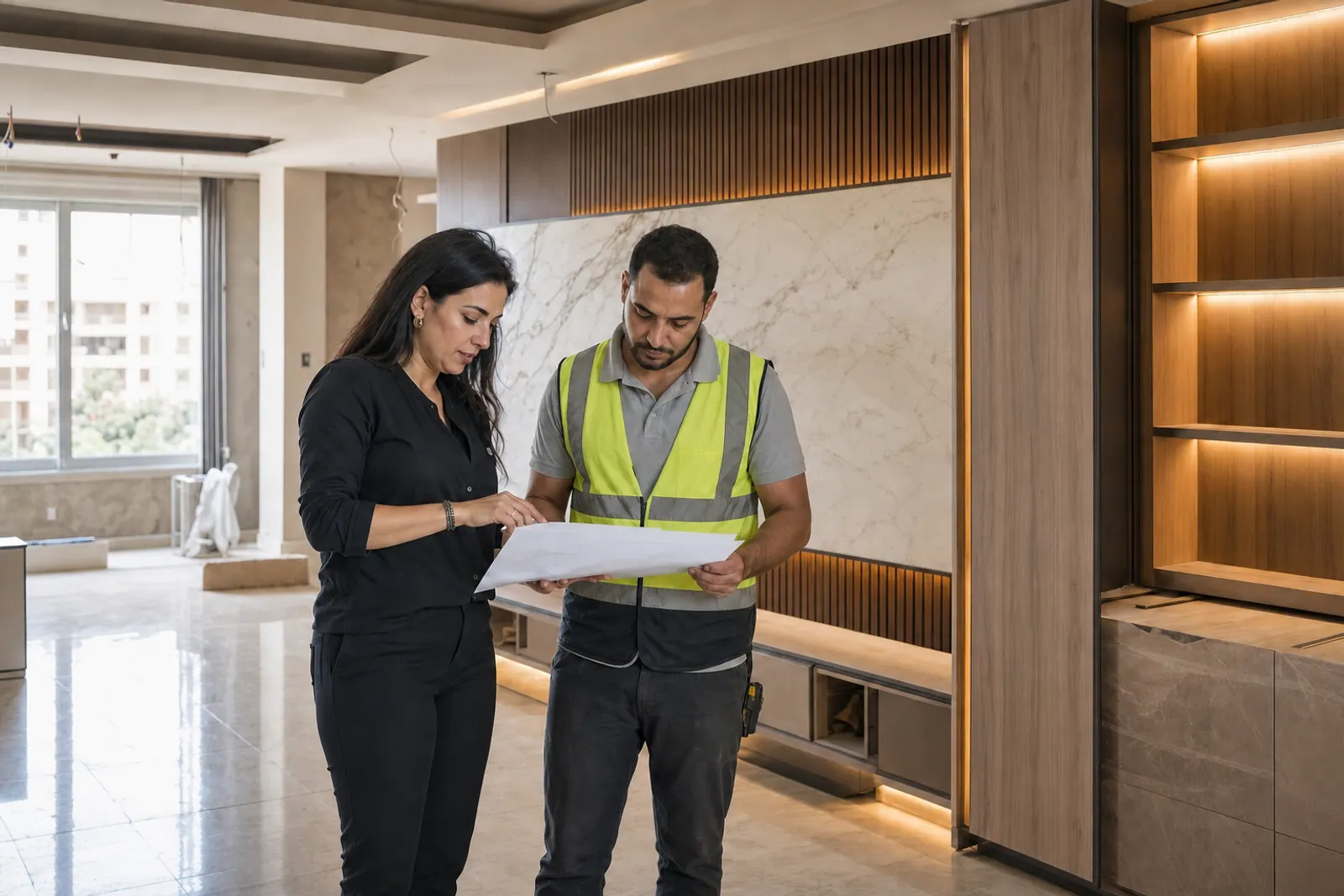 Designer and foreman reviewing completed interior details.
