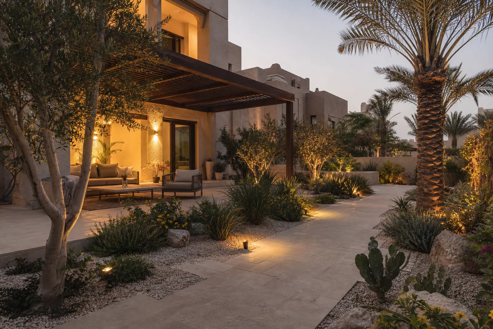 Finished villa garden with pergola and climate-appropriate planting.