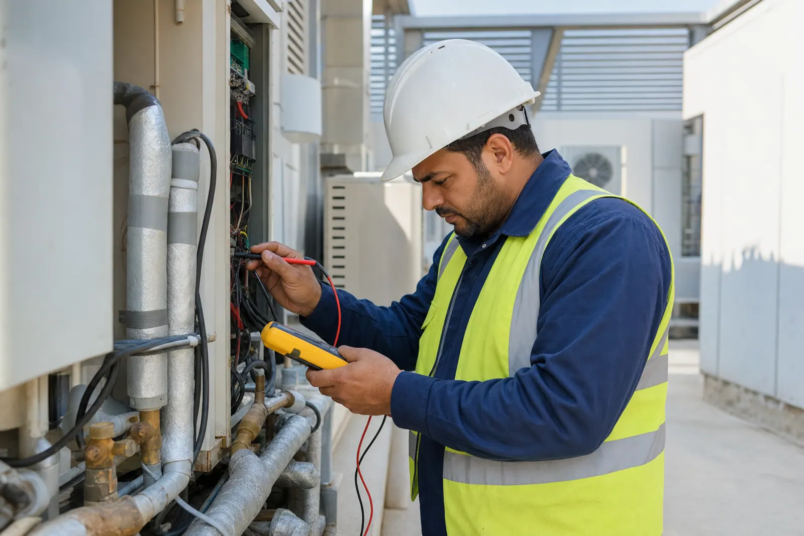 HVAC technician diagnosing property equipment.