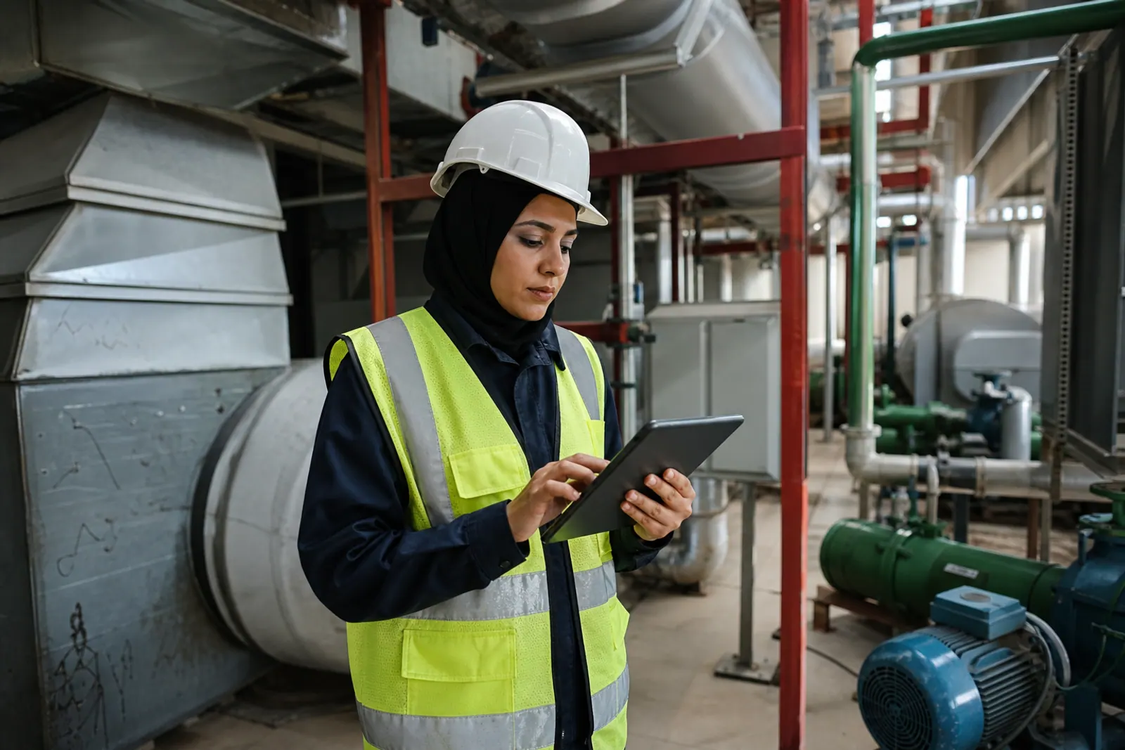 Egyptian MEP engineer reviewing plant-room systems.