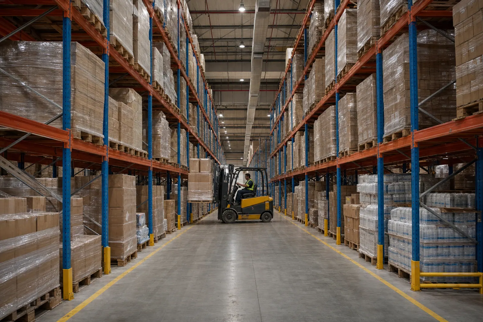 Organized distribution warehouse with completed finishes.