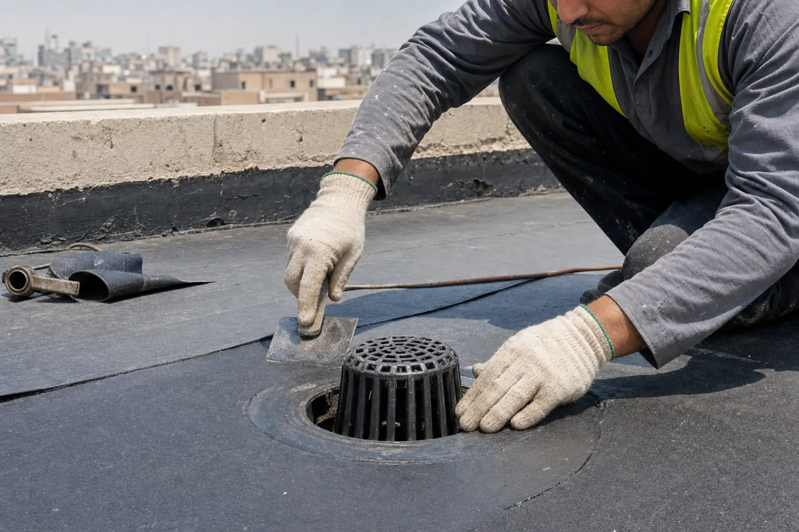 Waterproofing membrane detailed around a roof drain.