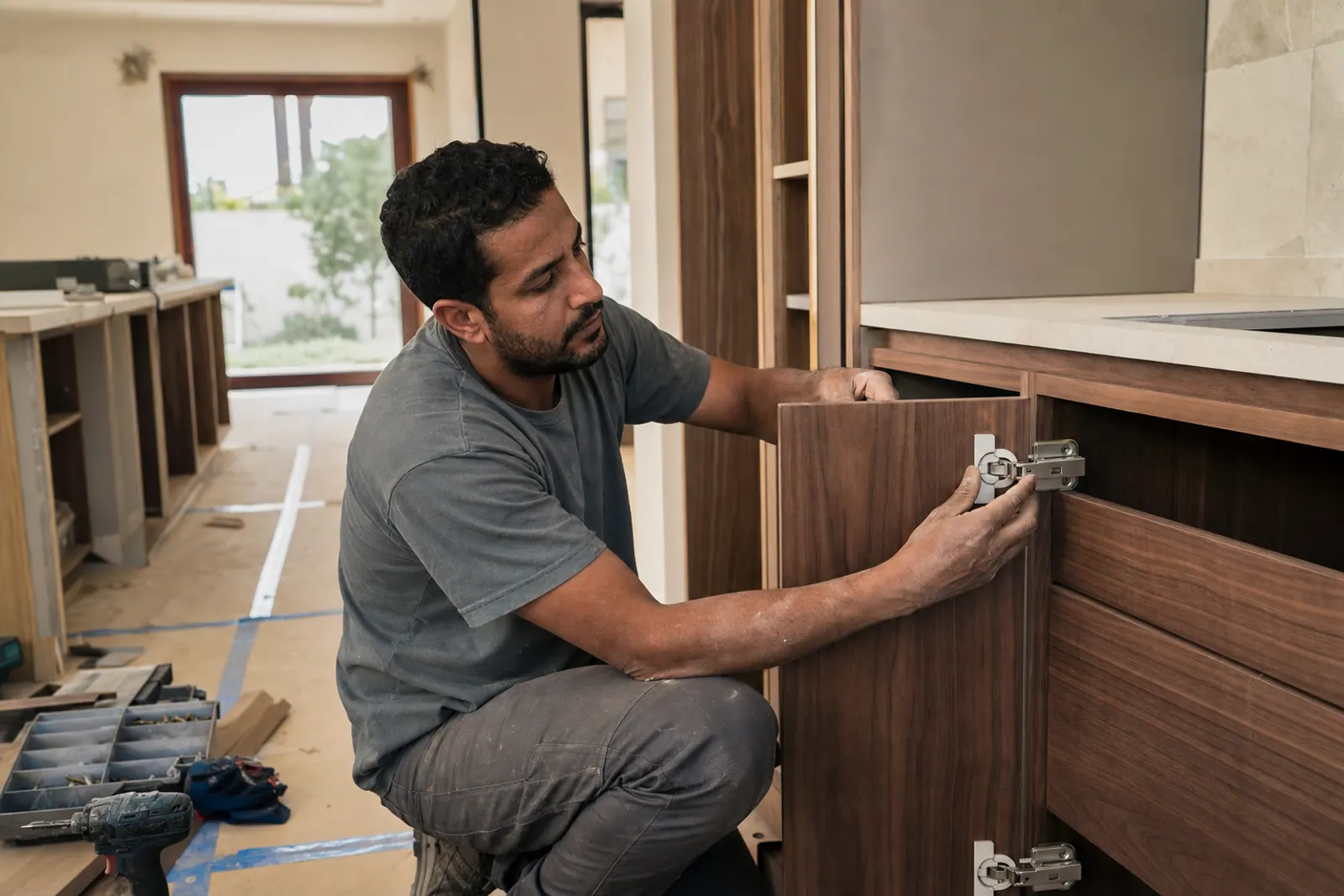Carpenter fitting hardware to bespoke kitchen cabinets.