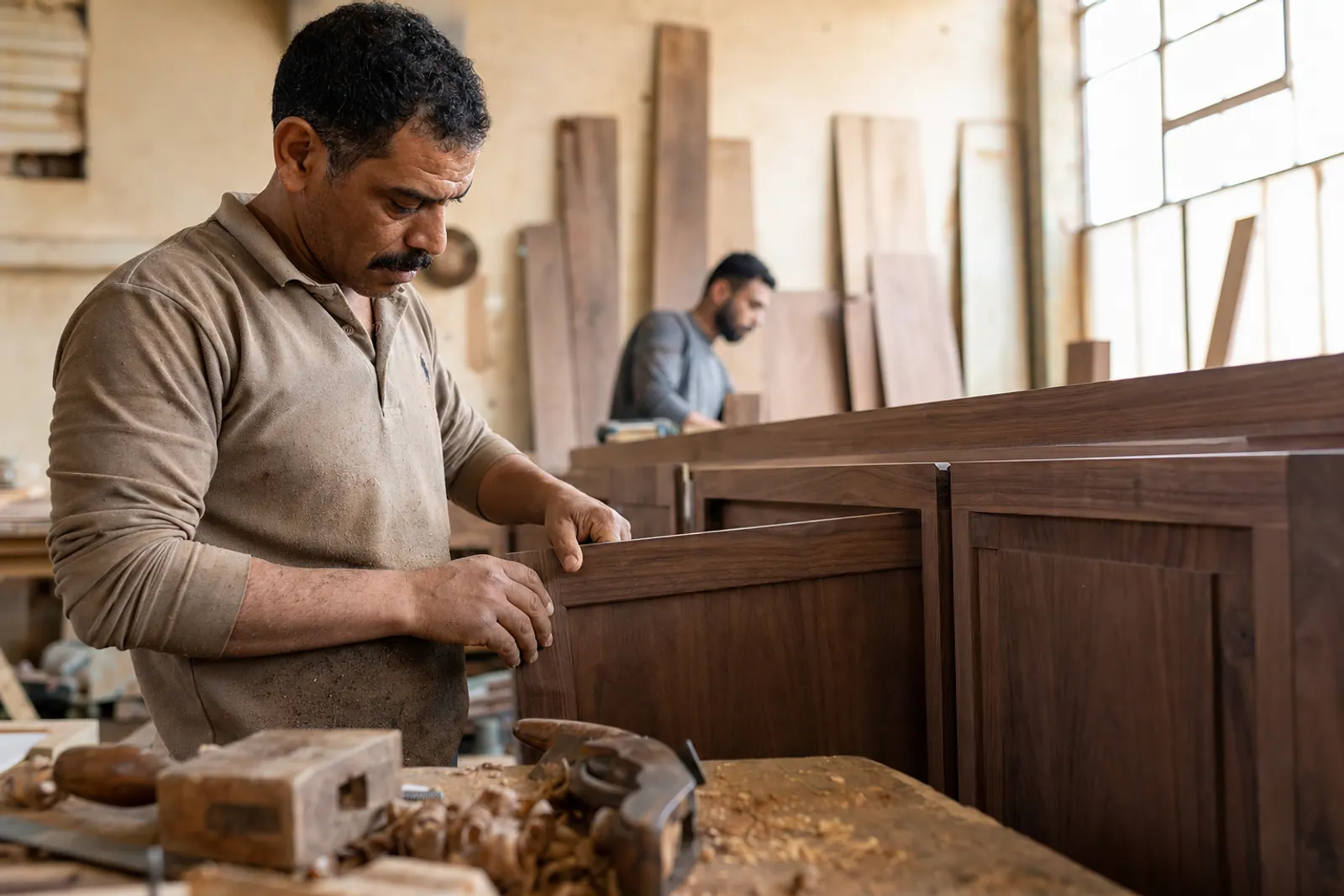 Cabinetmaker fitting custom wood joinery.