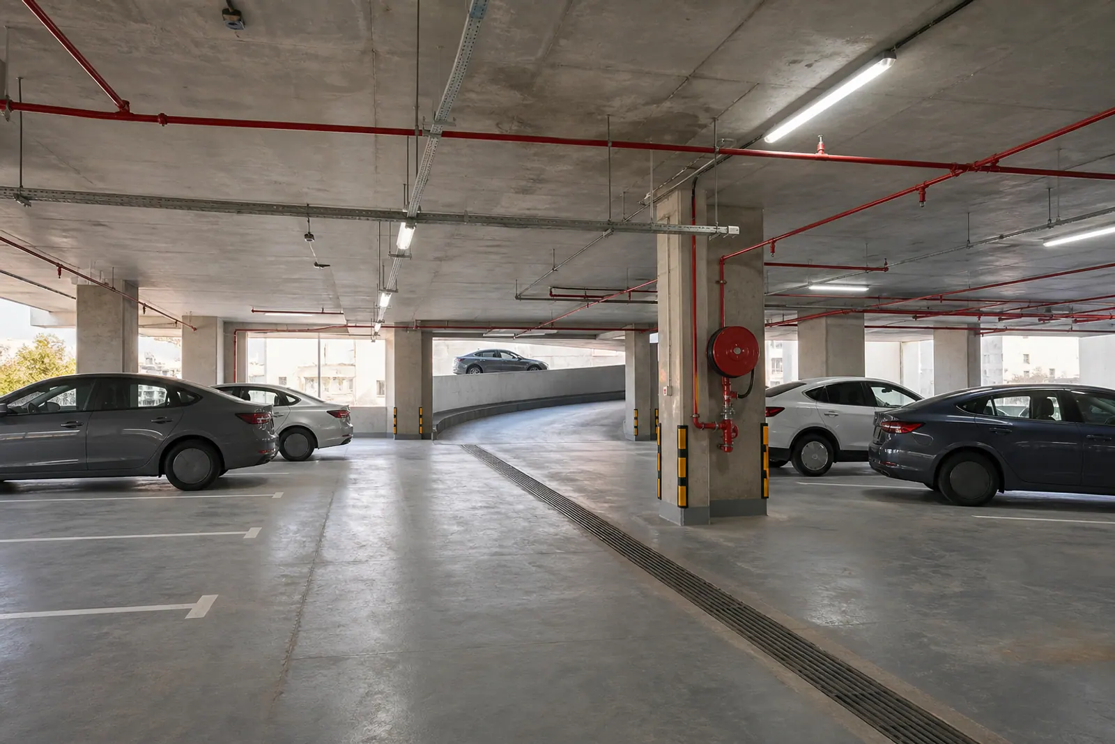 Interior of a multi-level parking structure.