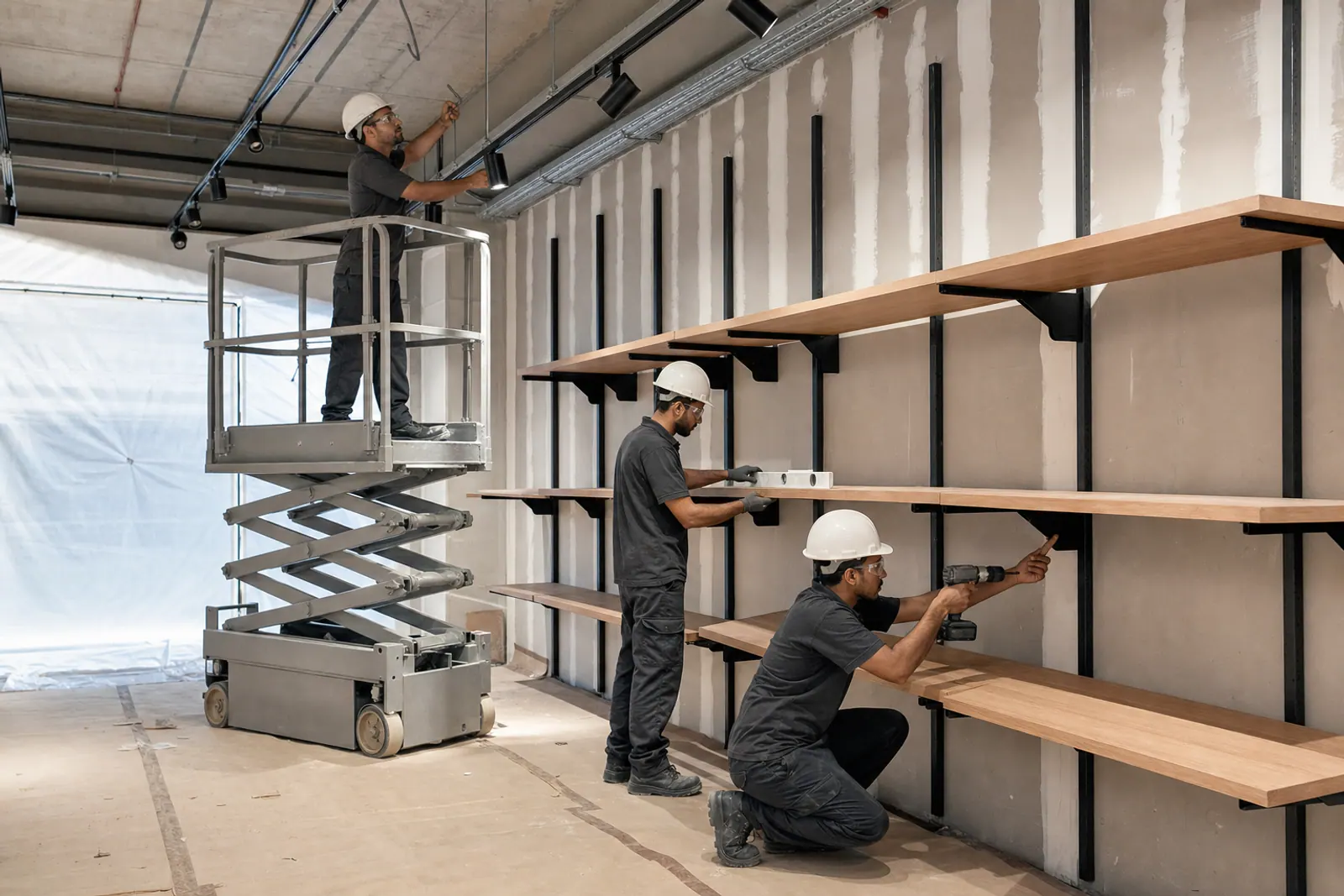 Retail fit-out team installing interior fixtures.