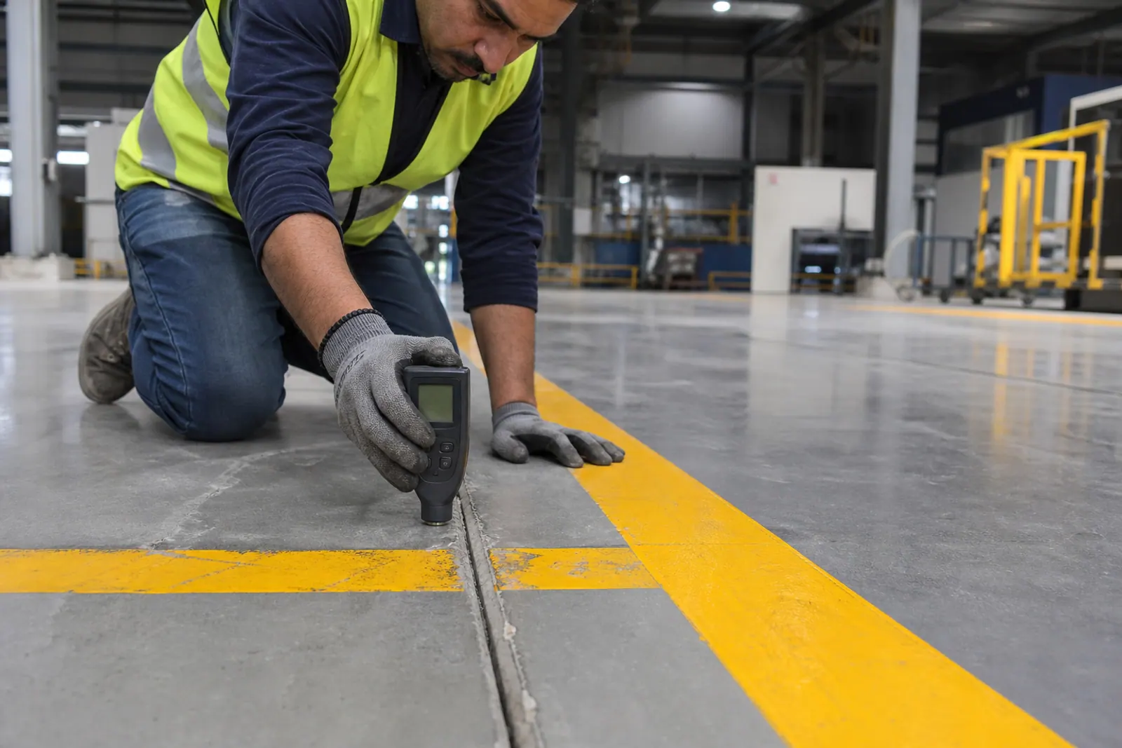 Technician checking an industrial floor coating.