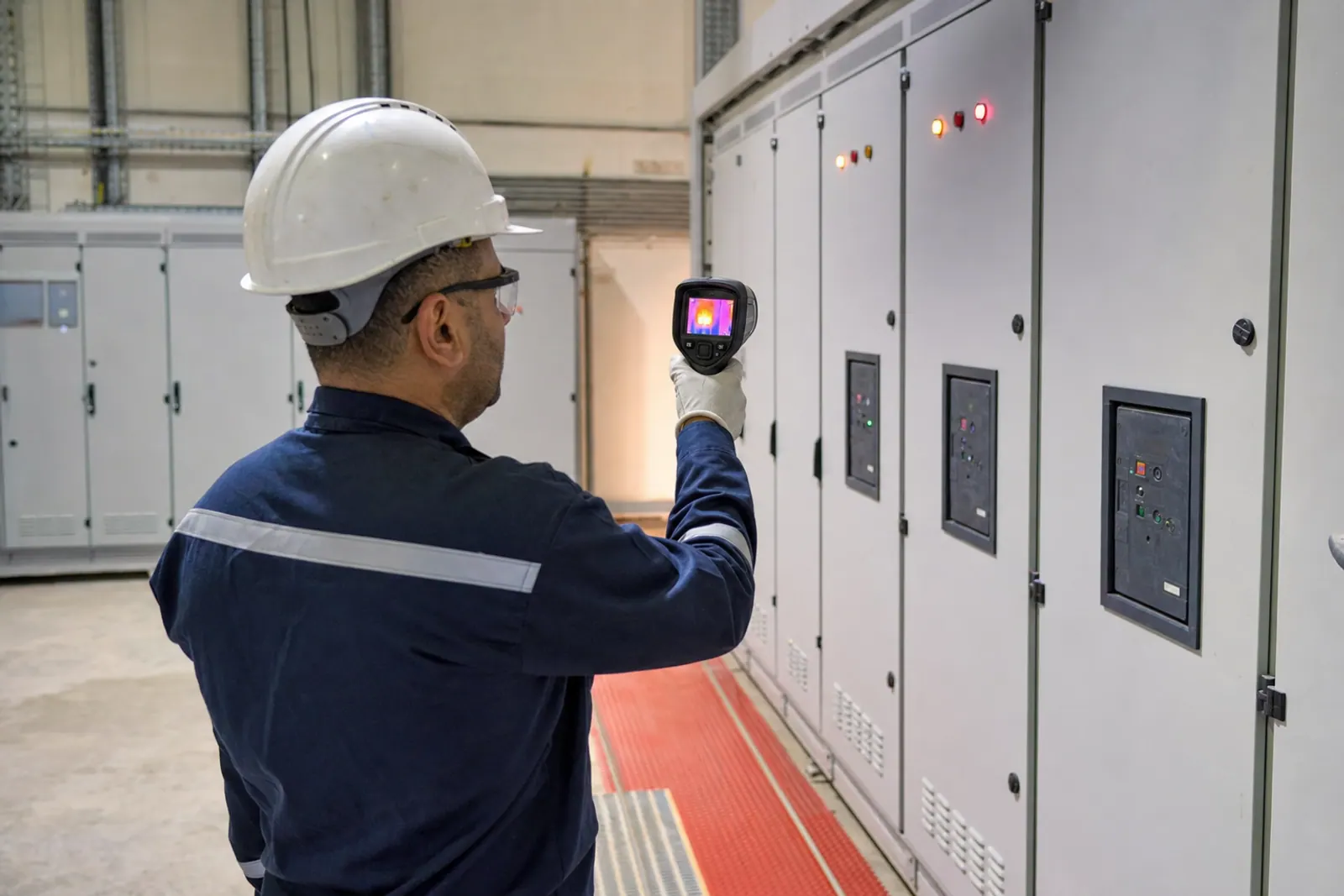 Electrical engineer inspecting an industrial distribution panel.