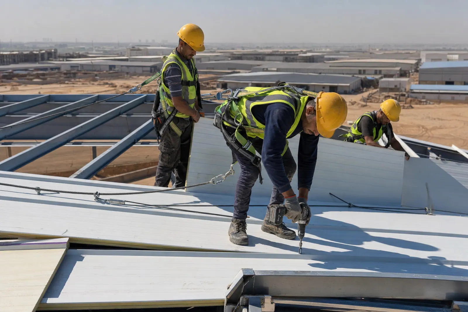 Roofing crew fastening insulated warehouse panels.