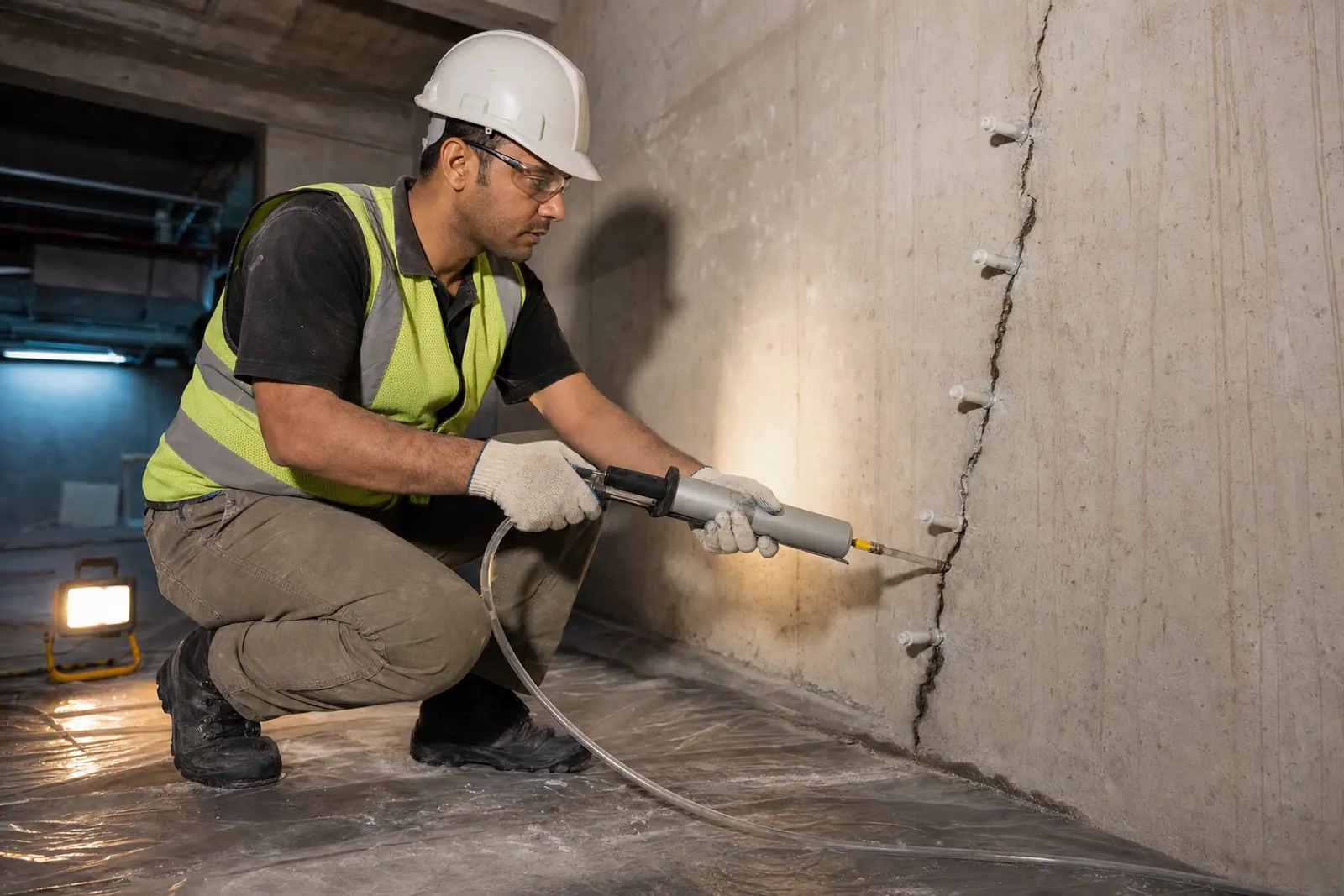 Technician carrying out structural crack repair.