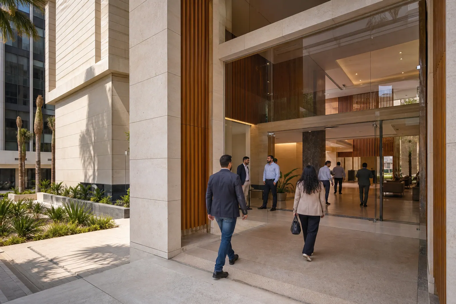 Contemporary commercial building entrance in New Cairo.