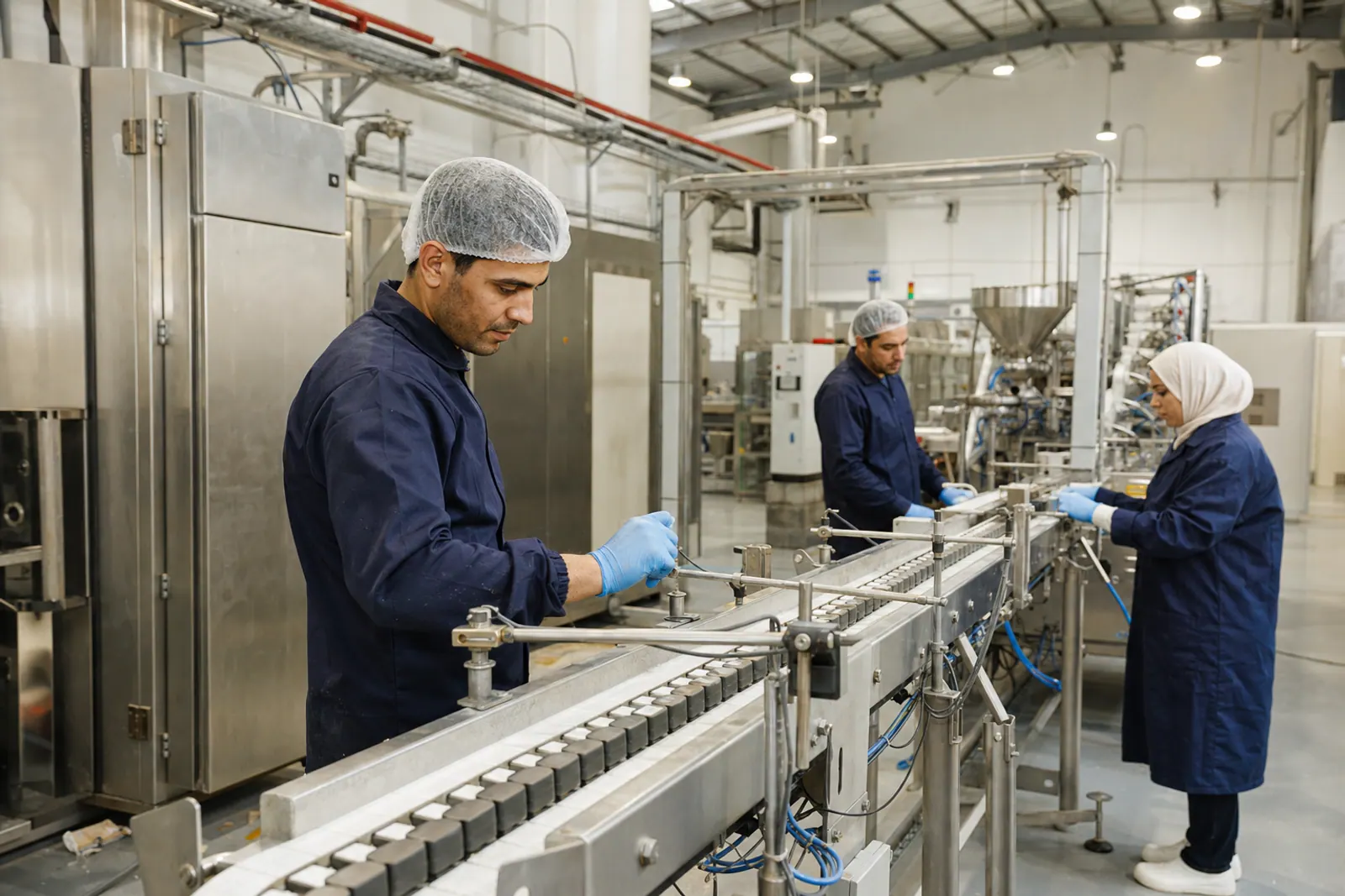 Egyptian technicians working on a manufacturing line.