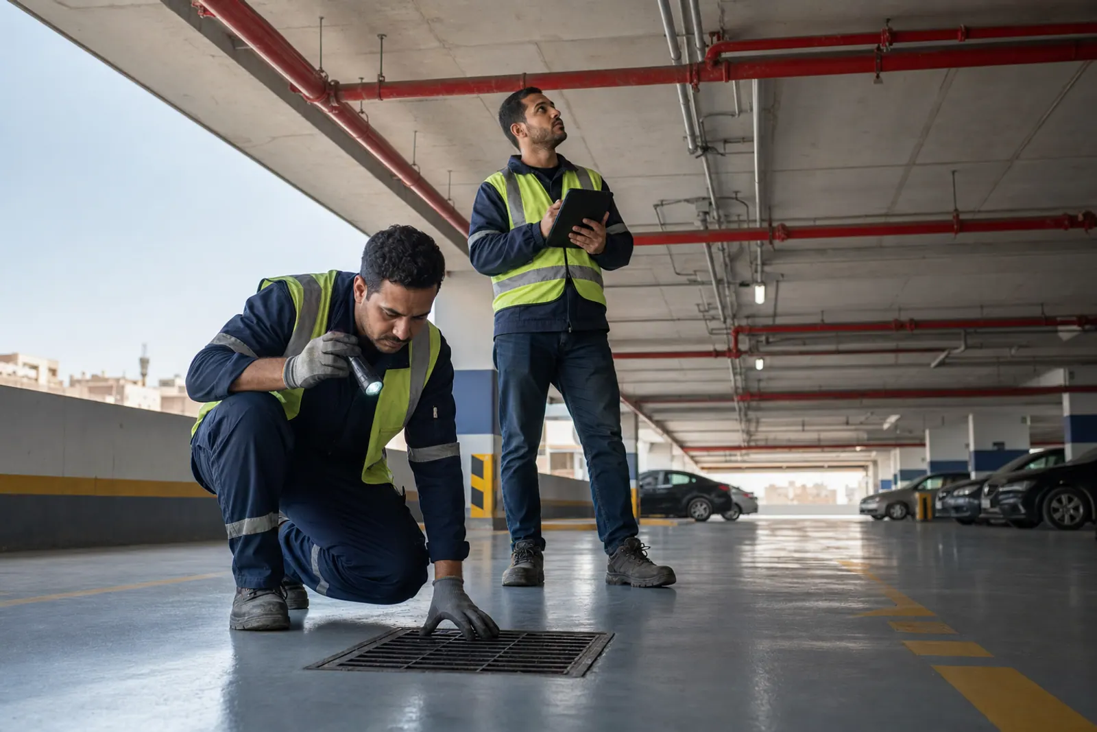 Maintenance inspection inside a finished parking garage.