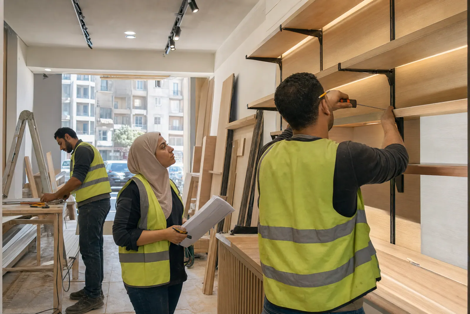 Fit-out crew installing custom retail display joinery.
