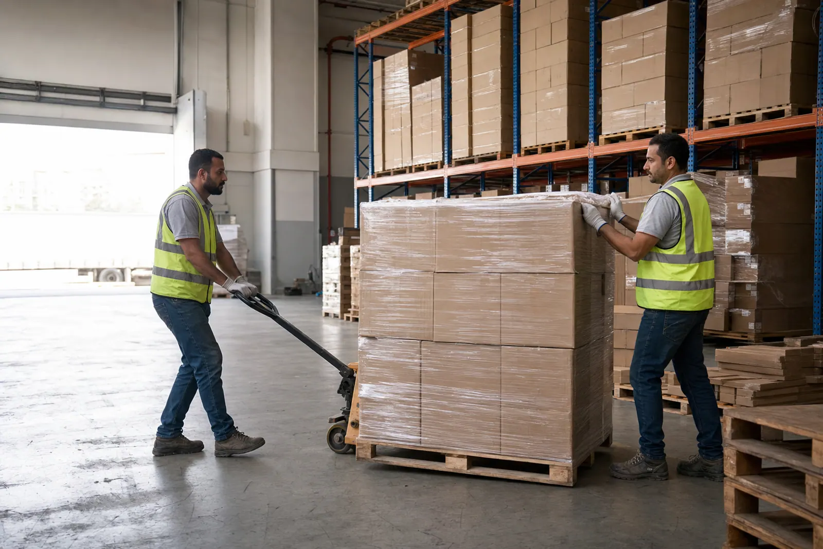 Logistics team handling pallets inside a warehouse.