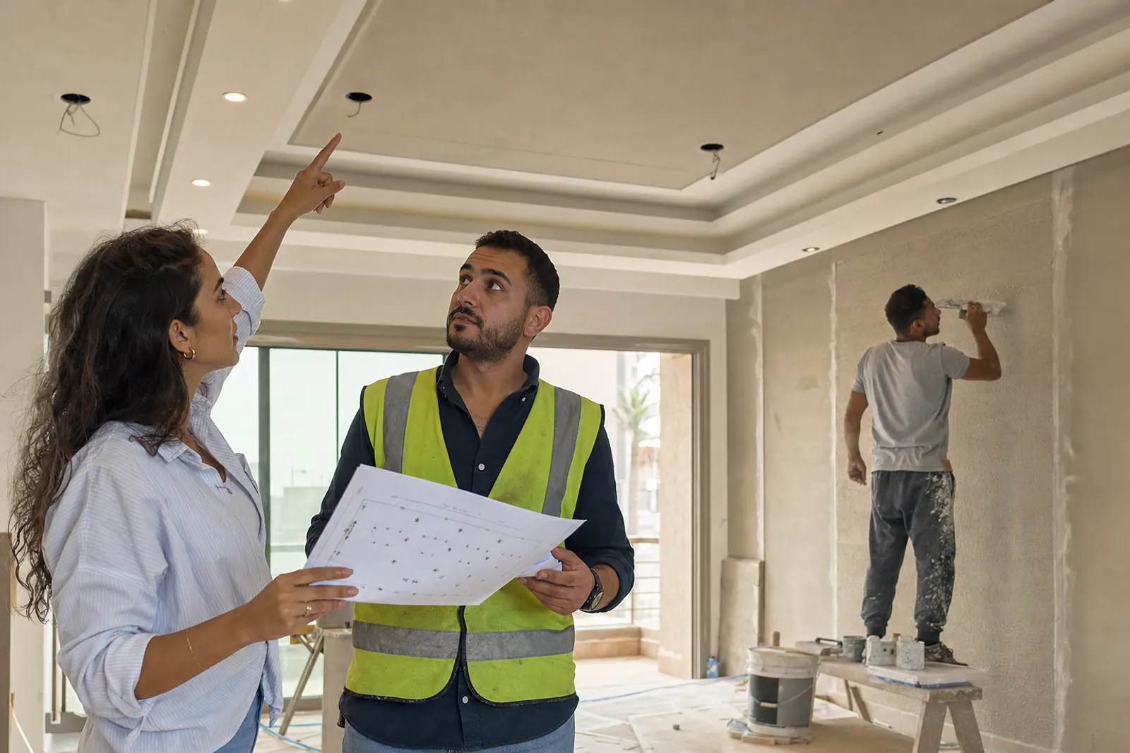 Interior team coordinating lighting and wall finishes.