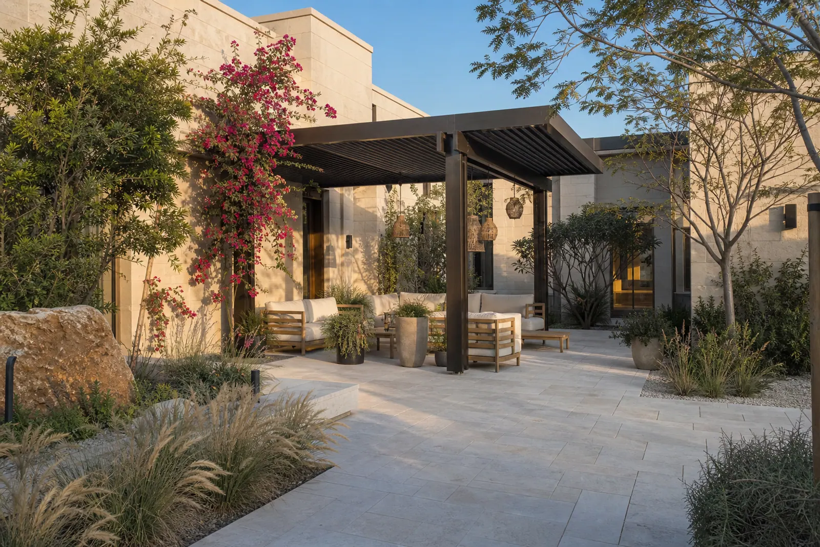 Landscaped villa courtyard with shaded outdoor seating.