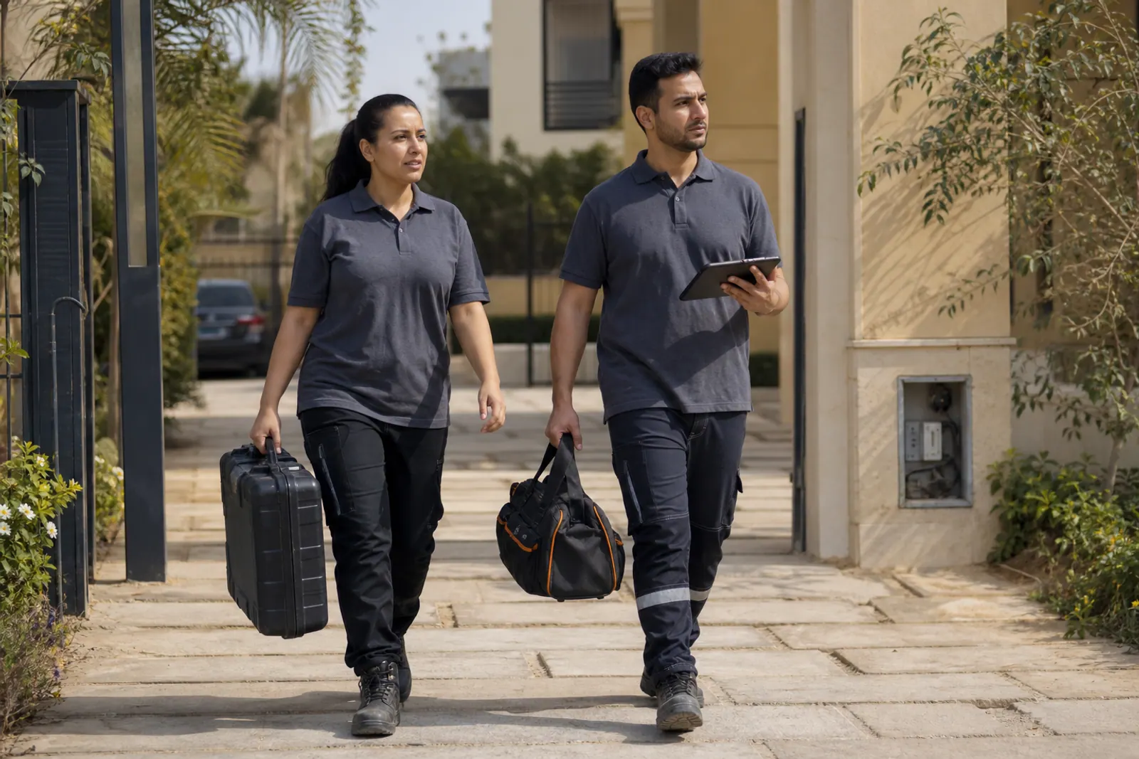 Property maintenance technicians arriving for an inspection.