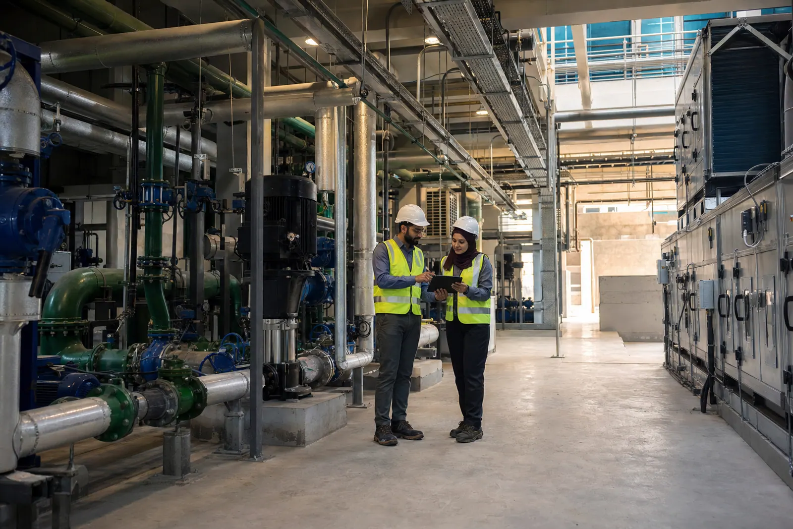 Engineers reviewing mechanical systems in a plant room.