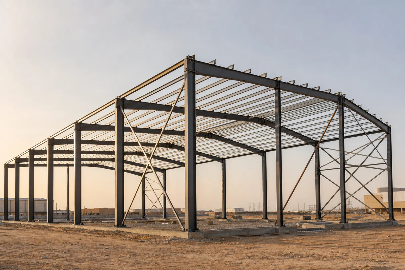 Completed steel frame for an industrial warehouse.