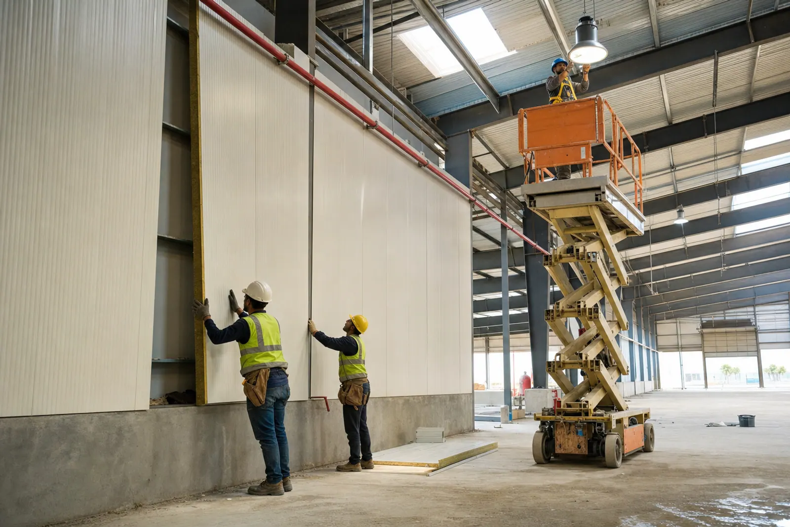 Crew completing finishes inside an industrial warehouse.