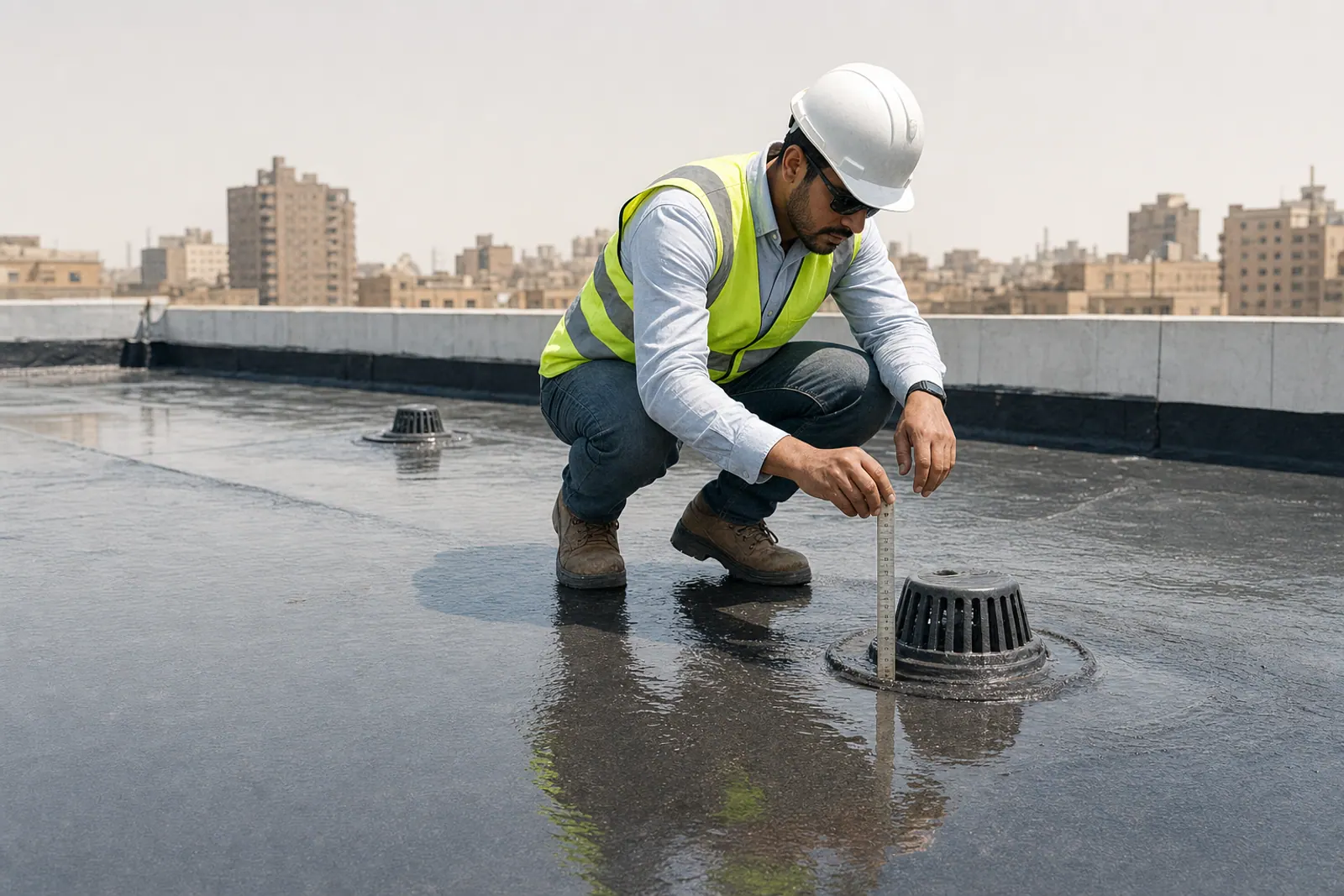 Engineer testing a completed roof waterproofing system.