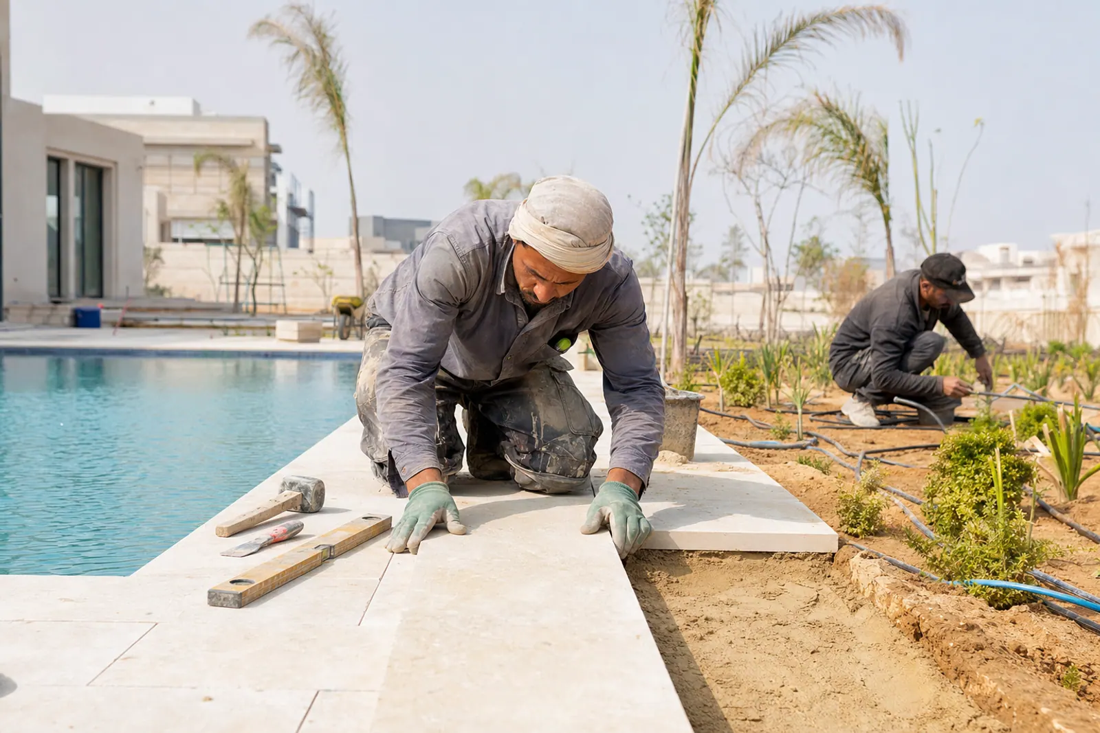 Mason installing outdoor limestone paving.