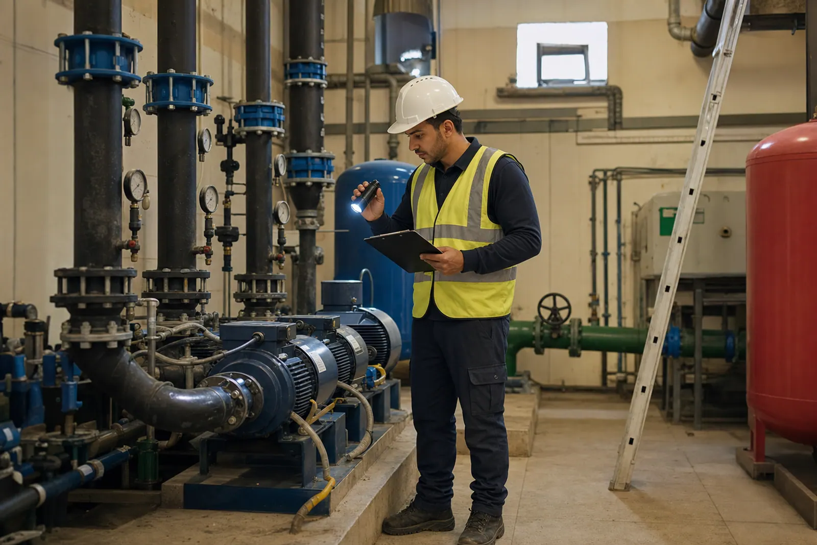 Technician inspecting residential water-system equipment.