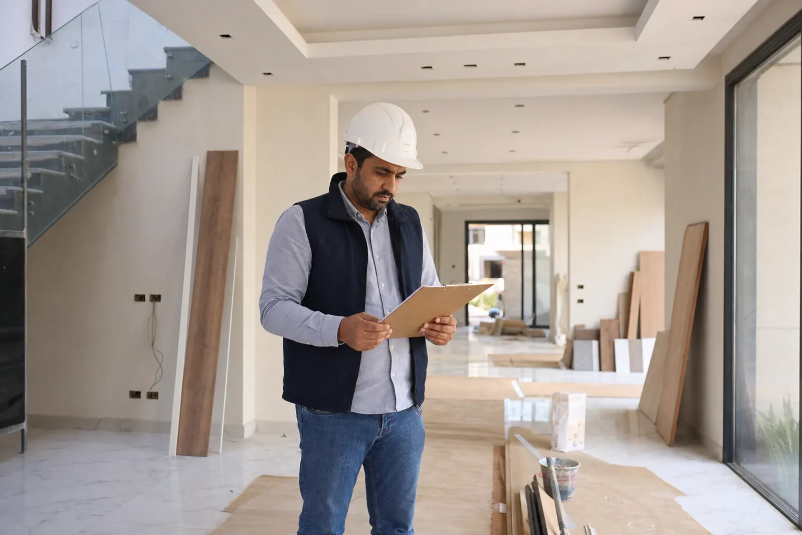 Project manager reviewing villa finishing work.
